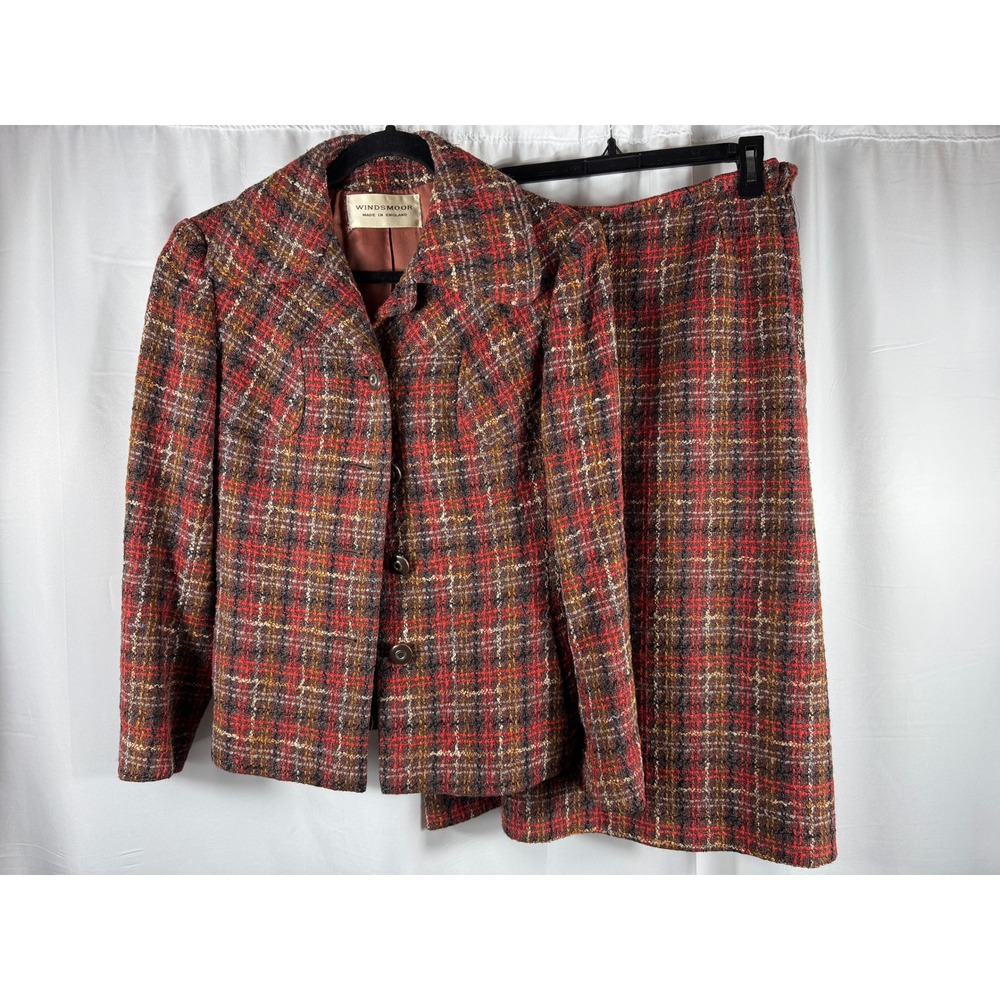 Windsmoor Made in England Plaid Wool Blend‎ Blazer Skirt Suit Set Women's Size S